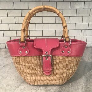 Miche Straw Basket Handbag Womens Pink Leather Trim Bamboo Handles Insert Tote